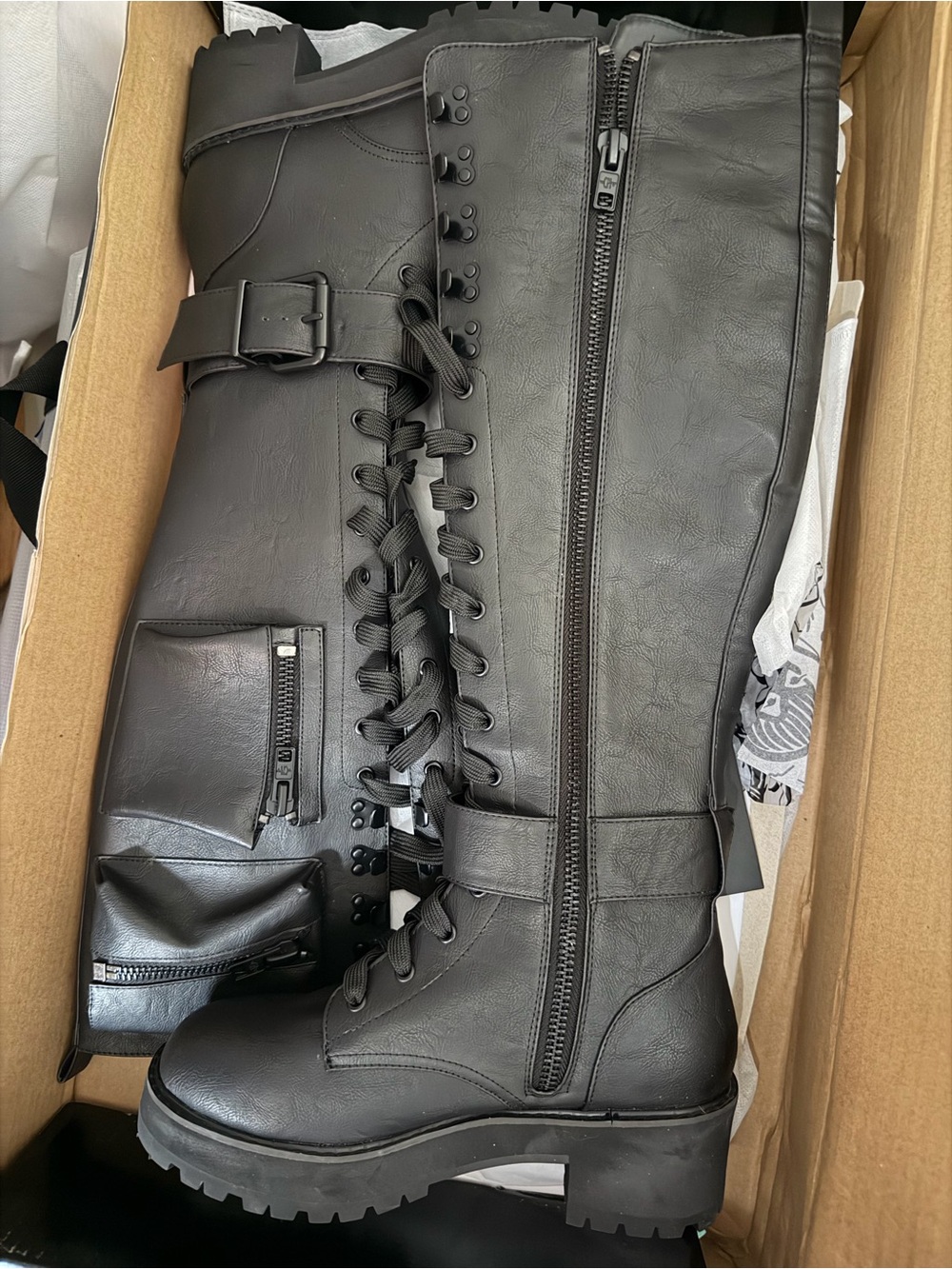 Dolls Kill Black Lace-Up Buckle Combat Boots with Side Zipper